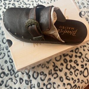 Brown Leather Clogs with Buckle Detail
